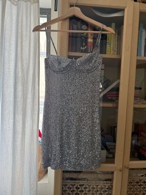Zara Silver Sequin Mini Dress with Spaghetti Straps